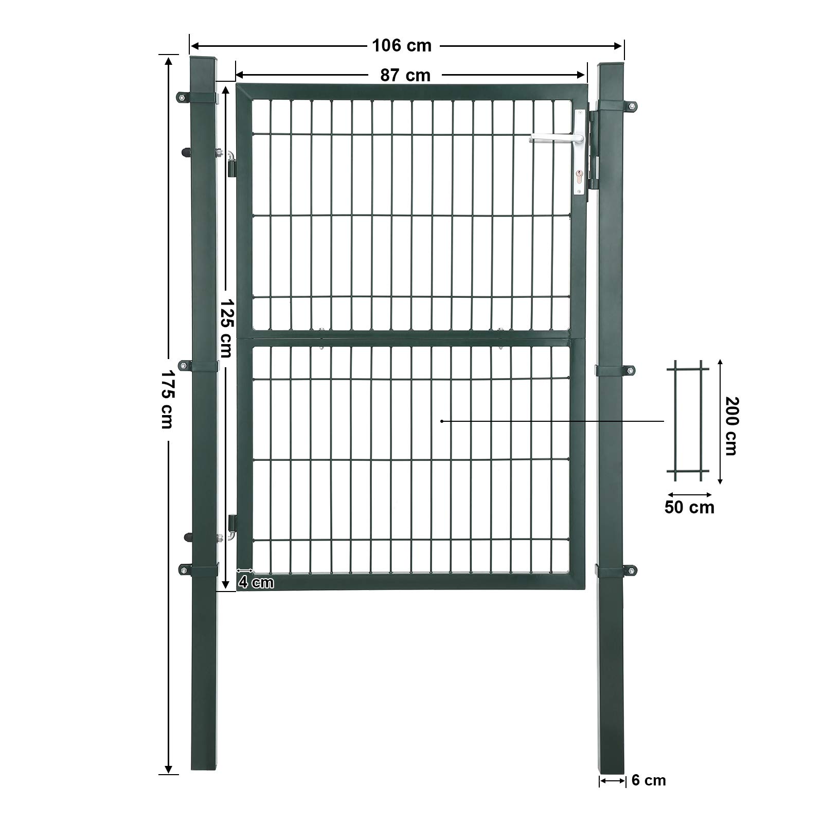 SONGMICS Gartentor aus verzinktem Stahl, Gartentür, Zauntor, Hoftor, mit Qualitätsschloss, Türklinke und Schlüssel, 106 x 125 cm (L x H), grün GGD175L – Bild 4