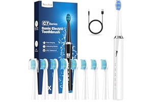 COULAX PRO Cepillos de Dientes Electricos Sónico para Adultos y Infantil - Cepillo Electrico Sónico con 8 Cabezales, 5 Modos, Una Carga por 120 Días de Uso, Cepillos de Dientes Perla Blanca