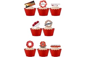 TOP THAT 24 Stand Up Remembrance Day Poppy Themed Edible Wafer paper Cake Toppers Decorations