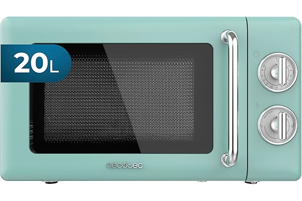 Cecotec Micro-Ondes Mécanique Proclean 3010 Retro Vert. 20 L, 700 W en 6 niveaux, minuterie jusqu'à 30 minutes, mode dégivrage, design vert vintage, finitions en acier.
