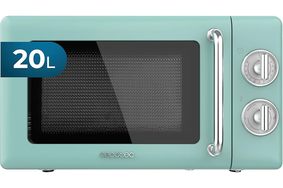 Cecotec Forno a microonde meccanico da 20 litri Proclean 3010 Retro Green. 700 W in 6 livelli, timer fino a 30 minuti, modalità sbrinamento, design vintage in verde, finiture in acciaio