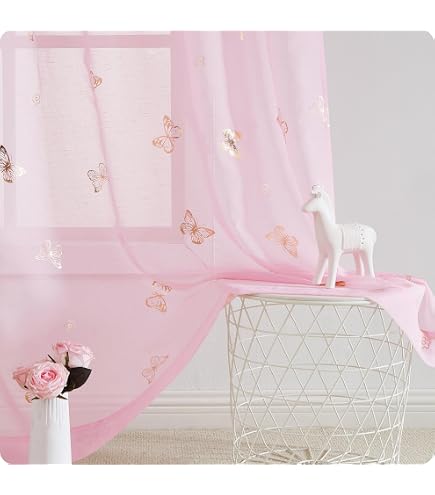 LOFT LIVING Synergy Vorhang Aus Kunstleinen, Blumenmuster, 132 X 160 Cm, Rosa – Durchscheinend, Mit Ösenleiste