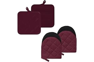 GOLDMEET Oven Gloves and Pot Holders Set, Oven Gloves Heat Resistant, Home Essentials Pack of 4, No-slip Kitchen Accessories, Silicone Oven Mitts Double, BBQ Cooking Gloves Microwave Machine Washable