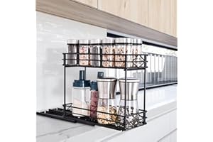 aceyoon Estantería para especias de 2 niveles sin taladrar con carril de cocina, 2 métodos de instalación, soporte para especias con 3 ganchos, estante para especias extensible para armarios