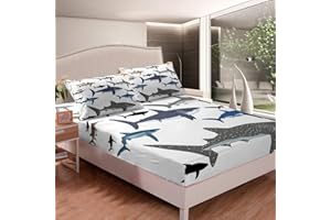 TBRAND Ocean Bed Sheets Shark Bed Sheet Set for Kids Boys Underwater Word Bedding Set Sea Marine Theme Cartoon Sealife Style Fitted Sheet Decor Bedroom Collection 3Pcs Double Size