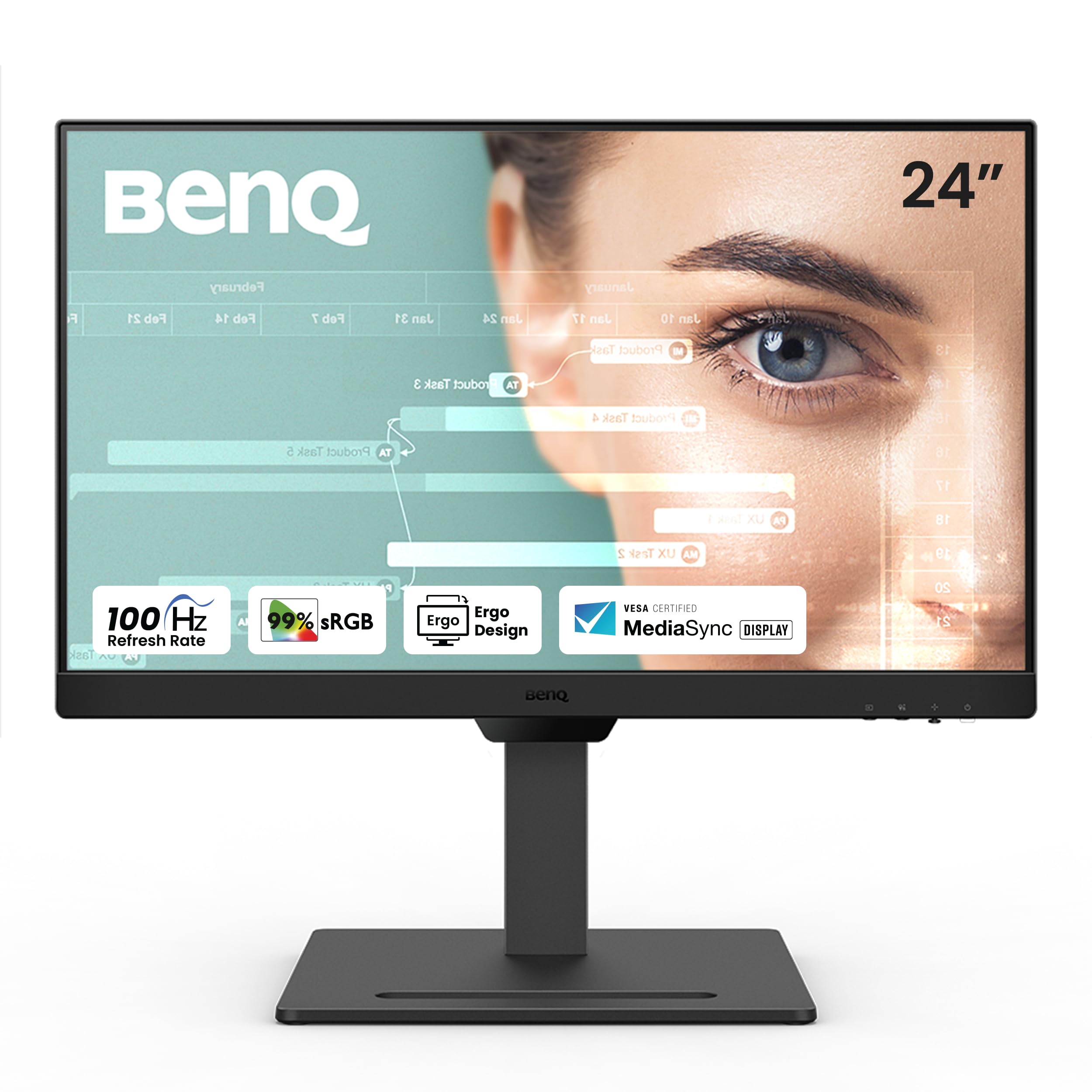 BenQ GW2490T 24" 1300:1 CR 1080p FHD IPS Monitor| 100Hz| 99% sRGB| Height Adjustable| Ergo Design| VESA MediaSync| Dual HDMI| DP Port| Speakers| Eye-careU| Eyesafe| B.I. Gen2| LBL+| Wall Mount (Black)
