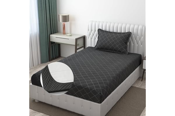 Blue Strip 220TC Glace Cotton Elastic Fitted Bedsheets Single Bed with 1 Pillow Cover Single Bed with All Around Elastic, Size 36 X 72 Inches (Grey Check), Small_Single