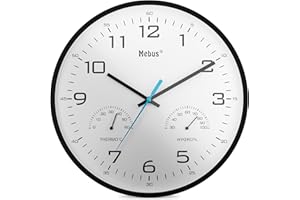 ‎MEBUS Mebus Temperatur und Luftfeuchtigkeit Analoge Quarz Wanduhr mit Thermometer und Hygrometer, Kunststoff, Schwarz, 30 cm Durchmesser, 16180