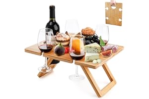 YOUEON Portable Wine Picnic Table with 5 Wine Glasses Holder, Foldable Champagne Snack Tables, Beverage and Cheese Table for Picnic, Camping, Park, Beach, Outdoor Lover Gift