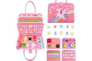 Auney Busy Board, Jouets Enfants Montessori 20 en 1 avec Arithmétique, Jouets Sensoriels Portables Capables de Faire du Son, Jeux Éducatifs Préscolaires pour Voyages de 2 à 6 Ans, Thème Licorne