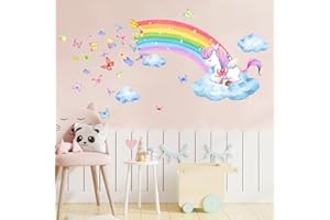 HSDSH Wandtattoo Regenbogen Einhorn Wandaufkleber Schmetterlinge Mädchen Wandsticker Kinderzimmer für Kinderzimmer Babyzimmer Schlafzimmer Wohnzimmer Wanddeko