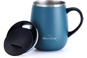 Grandties Thermo Kaffeebecher mit Griff -Schiebedeckel für Spritzschutz 460 ml Weinglasform Coffee To Go Becher Kaffeebecher To Go,Doppelwand-Edelstahl Hält Getränke Warm oder Kalt-Blau