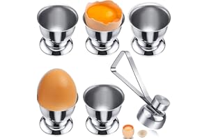 qhklew 5 Pièces Coquetiers en Acier Inoxydable avec 1 Ouvre-œuf en Acier Inoxydable, Support de Coquetier pour Plateau de Petit Déjeuner, Forme de Petit Verre à vin, Ensemble de Porte œufs