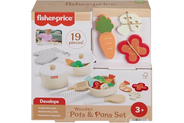 Fisher-Price Coffret Marmites et Casseroles en Bois pour Jeu d’Imitation, 19 pièces en Bois, pour Enfants de 3 Ans et Plus, HXT83