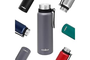 Cosumy Botella Térmica de 1l con Filtro - Doble Pared de Acero Inoxidable - Antigoteo - Apta para Bebidas con Gas - Ideal para Llevar - Gris