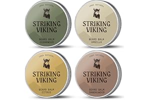 Striking Viking Beard Balm for Men – Light Hold, 30 g, Pack of 4 with Citrus, Vanilla, Sandalwood, Cedar Scents - Leave-in Beard Conditioner with Shea Butter, Tea Tree, Argan & Jojoba Oils