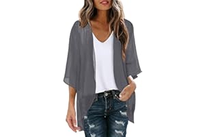PAIDAXING Cárdigan de gasa para mujer, manga 3/4, para verano, playa, frente abierto, cárdigan tipo kimono ligero y transparente, blusa casual de playa