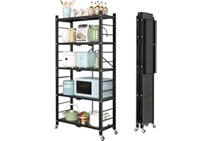 Vocpy 5-Shelf Foldable Storage Shelves with Wheels, Heavy Duty Metal Shelf, Large Capacity Shelving Unit, Rolling Shelf No Assembly for Kitchen, Garage and Laundry Bathroom Tool Organization (Black)