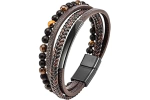 Mochity Męska bransoletka skórzana 21 cm, stal nierdzewna, czarna, brązowa, niebieska, bransoletka męska z pereł, bransoletka dla mężczyzn, skórzana bransoletka dla mężczyzn, prezent dla mężczyzn