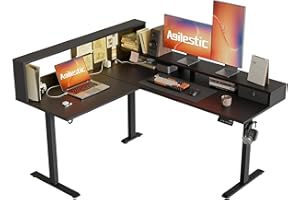 ‎AGILESTIC Agilestic L-förmiger Stehschreibtisch, 160 x 140 cm, Ergonomischer Höhenverstellbarer Schreibtisch mit Regalen, Eck-Stehschreibtisch, Sitz-Steh-Computertisch mit LED-Licht, Schwarz