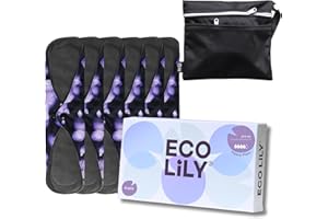 Eco Lily Reusable Sanitary Pads (6Pk for Heavy Flow) – Odour-Absorbing Charcoal Bamboo Pads for Women Sanitary Towels – Reusable Pads Menstrual with Waterproof Wet Bag