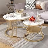 Dream Arts Iron Frame Marbled Laminated Round Coffee Table Set of 2 Stacking Center Tables for Living Room Bedroom or Apartme