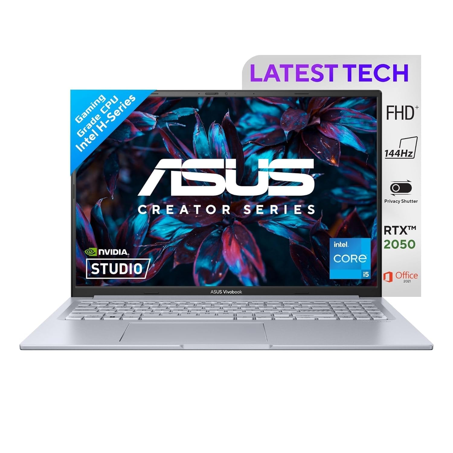 ASUS Vivobook 16X, Intel Core i5-12500H, 2.5 GHz, RTX 2050, 16GB RAM, 512GB SSD, FHD+ 144Hz 300nits, 16", Windows 11, Office Home, Cool Silver, 1.80KG, K3605ZF-RP258WS, 50WHr Battery Gaming Laptop