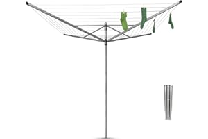 Brabantia - Séchoir Lift-O-Matic - Etendoir Linge Extérieur - Antidérapantes - Résistantes aux UV - Rotation Fluide - Pratique - Douille en Métal à Planter dans Le Sol - Gris Métallique - 50 m