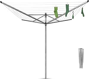 Brabantia 50 m Lift-O-Matic Rotary Washing Line (Grey) Multiple Height Adjustments, Folding Outdoor Rotating Clothes Dryer + 45 mm Ground Spike