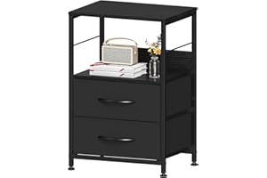 CADUKE Black Nightstand with 2 Fabric Drawers, 3-Tier Storage End Table, Bedside Table with Open Shelf, Modern Night Stand for Bedroom, Living Room, Office, Study