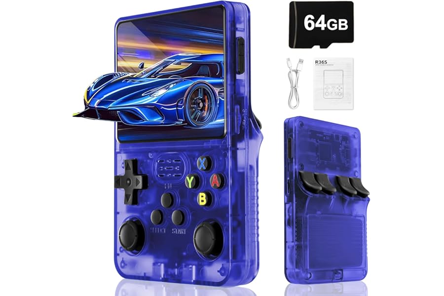 Blidinner R36S Retro Handheld Video Game Console -Linux System,3000mAh Battery,3.5 Inch Screen,64G TF Card,20000+ Classic Games,Portable Game Console for Present to Give Friends for Christmas-Blue