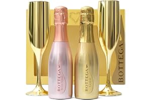 BEAMS INTERNATIONAL Bottega Prosecco Gift Set - Luxury Rose Gold & Gold DOC,2 x 20cl Miniature Bottles, 2 x Champagne Flute Glasses - Pink Prosecco Gifts For Women, Birthday, Alcohol Gift Set, Mum, Stocking, Christmas