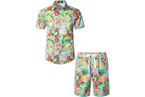 JOGAL Herren Hawaii Hemd Männer Flamingo Kurzarmhemd und Kurze Hose Set Strand Outfit Sommerhemd Für Mann
