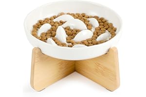 PETTOM Gamelle Anti Glouton Chat Céramique avec Bambou Support, Anti Vomissements Gamelle pour Chat Manger Lentement pour Wet/Dry Food (Blanc)
