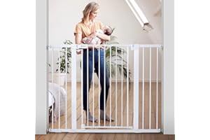 ‎COMOMY COMOMY Türschutzgitter Extra Hoch, 75-124cm Treppenschutzgitter ohne Bohren, Türgitter mit 3 Verlängerungen für Kinder, Hund und Katze, 91,4cm Hoch - Weiß