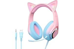 Mytrix Cat Ear Gaming Headset Compatible with PS4, PS5, Xbox, PC, MAC, Switch, Gradient Pink Blue Wired Gaming Headphones with 360° Rotation Microphone, Surround Sound, Soft Earmuff, RGB Light Effect