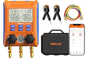 Elitech Digital Manifold Gauge Set 2-Way Valve Wireless HVAC Gauge with APP Monitoring and Temperature Clamps Hose for Refrigeration A/C Heat Pump, LMG-10W