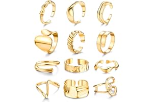 JeryWe 12PCS Adjustable Rings Set for Women, Chunky Finger Stackable Rings Gold Silver Plated Thick Open Rings, Knuckle Twisted Minimalist Rings Set