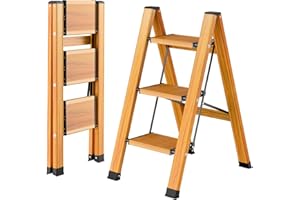 OTOmitra Escalera plegable de aluminio con 3 peldaños, portátil, antideslizante, con diseño de vetas de madera, soporta hasta 150 kg para el hogar, cocina, baño, camping