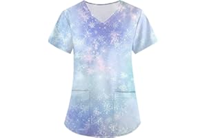 DIYIOUZHOU Christmas Scrubs Tops Nurse Xmas Printed Scrub Festival Short Sleeve V Neck Durable Work Uniform with Pockets