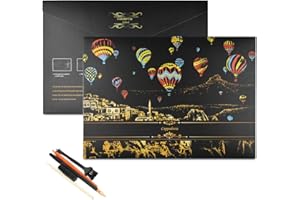 Wandefol Carte à Gratter 405 × 285mm DIY Loisirs Créatifs Dessins à Gratter avec Outils la Tour Eiffel, Ville d'eau de Venise, Big Ben, Château, Moulin à vent pour Enfants Adultes (Montgolfière)