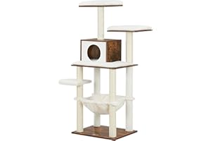 FEANDREA Árbol para Gatos, 138 cm, Torre Moderno de Gatos de Interior, Condominio para Gatos de Varios Niveles con Postes de Rascado, con Hamaca, Felpa Suave, Cojines Lavables, Marrón Rústico