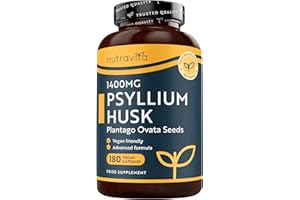 ‎NUTRAVITA Flohsamenschalen 1400 mg - Aus der Plantago ovata Pflanze - 100% reine Flohsamen aus Indien - 180 vegane, ballaststoffreiche Kapseln - fein gemahlen - Nachhaltig angebaut - 3 Monatsvorrat