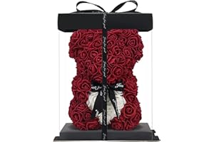ROSEBEWU Hugz Rose Teddybär, 25,4 cm, über 250 Dutzend künstliche Blumen, einzigartige Geschenke, Geschenke für Frauen, transparente Geschenkbox (Weinrot)