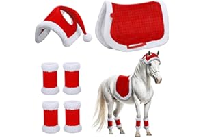 XUEYEGONGJI 6pcs / co-coes les costumes de Noël comprennent le chapeau de cheval de Noël de Noël, 4pcs enveloppes de jambe de cheval et selle de cheval, costumes de Noël en peluche épais doux pour décoration de