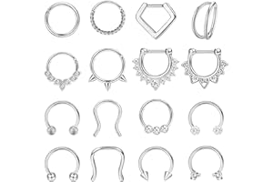 Adramata 16Pcs Piercing Septum Acier Chirurgical Nez Anneaux Hoop Hoop CZ Lèvre Cartilage Helix Tragus Boucles D'oreilles Septum Clicker Piercing Bijoux, 16G, 8MM