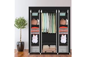 wenyuyu Portable Wardrobe Shelves Clothes Closet Storage Organizer, Non-Woven Fabric Cover for Bedroom, Department,Living Room, Small Space, Easy Assembly (Black - 150x45x175 cm)