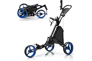 COSTWAY Carrello da Golf Pieghevole con 3 Ruote, Struttura in Alluminio, Cinghia Elastica, Portaombrello Regolabile e Porta Bicchiere, Segnapunti e Freno a Pedale