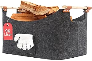 FINEW Panier à bois pour boiss de cheminée 90 L - Avec gants - 60 x 40 x 40 cm - Grand panier en feutre pour ranger le bois de chauffage, les journaux