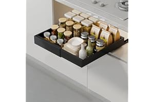 JOUING Cassetto Telescopico Estensibile Organizzatore Estraibile per Armadietti Acciaio al Carbonio Organizzatori Sotto il Lavello con Pellicola Adesiva da Cucina, Dispensa, Bagno, Armadio (Nero)